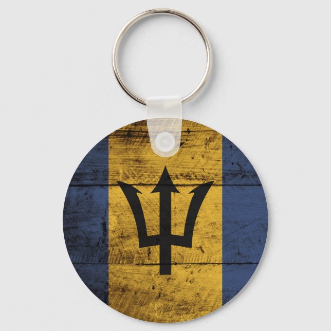 Barbados Flag on Old Wood Grain Key Ring (Front)