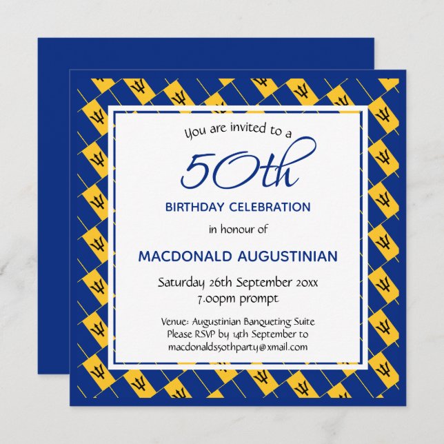 BARBADOS FLAG Personalised 50th Birthday Invitation (Front/Back)