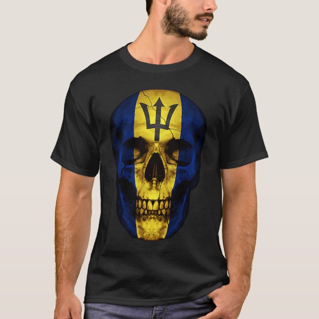 Barbados Flag Skull Albanian Roots Proud Patriotic T-Shirt (Front)