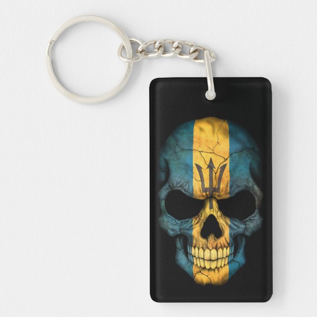 Barbados Flag Skull on Black Key Ring (Front)