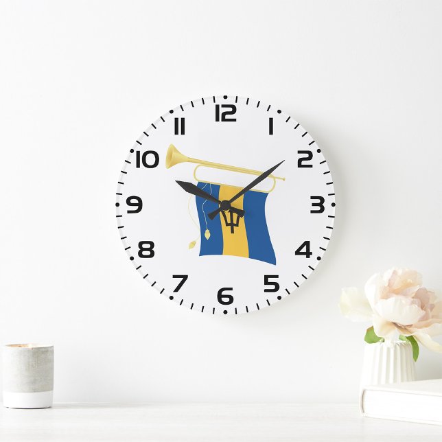 Barbados Flag with Bugle Patriotic Caribbean  Large Clock (Creator Uploaded)