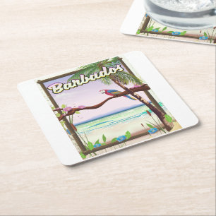 Barbados Parrot Landscape travel poster Square Paper Coaster