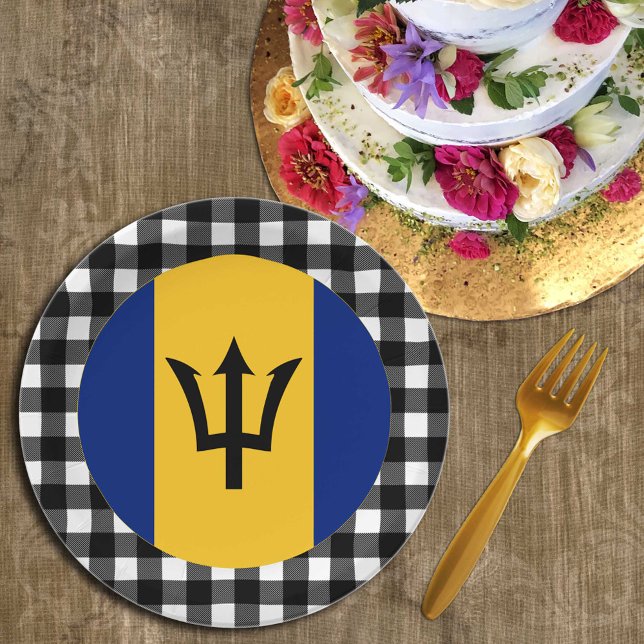 Barbados Plate, buffalo plaid & Barbados Flag Paper Plate (Creator Uploaded)