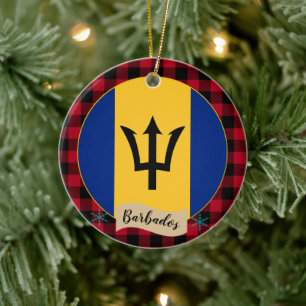 Barbados, Red buffalo plaid & Barbados Flag Ceramic Ornament
