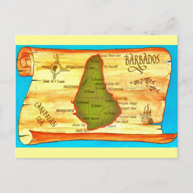  Barbados Retro Map Postcard (Front)
