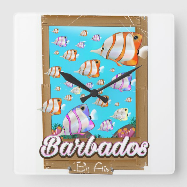 Barbados Tropical Fish travel poster Square Wall Clock (Front)