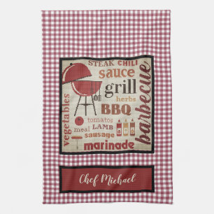 Barbecue Chef Red Gingham Check Personalised Tea Towel