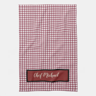 Barbecue Chef Red Gingham Check Personalised Tea Towel