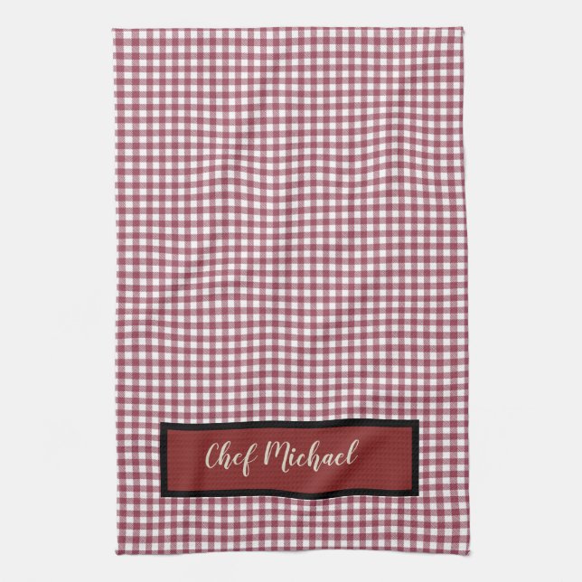 Barbecue Chef Red Gingham Check Personalised Tea Towel (Vertical)