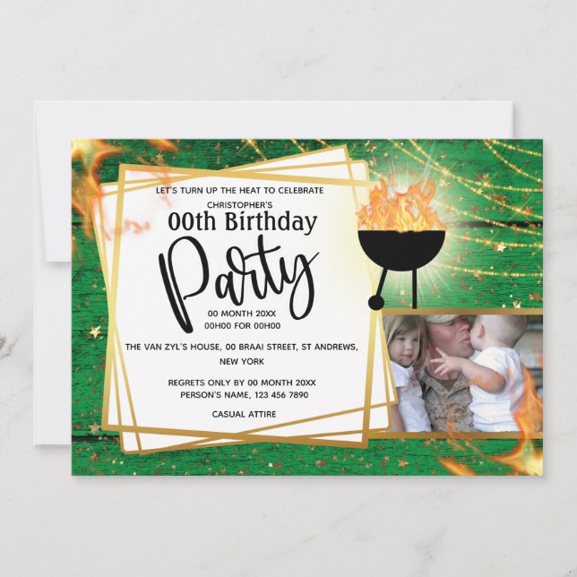 Barbecue flames string lights photo AGE birthday Invitation (Front)