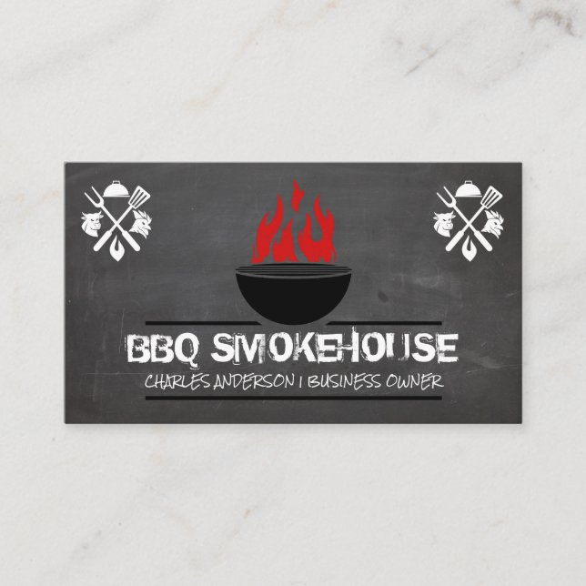 Barbecue Grill and Fire | Chalkboard Wood Business Card (Front)