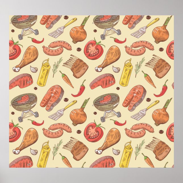Barbecue, grill, hand-drawn seamless background. poster (Front)