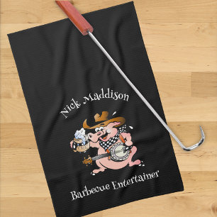 Barbecue Lover Pig Playing Banjo Black Custom Tea Towel