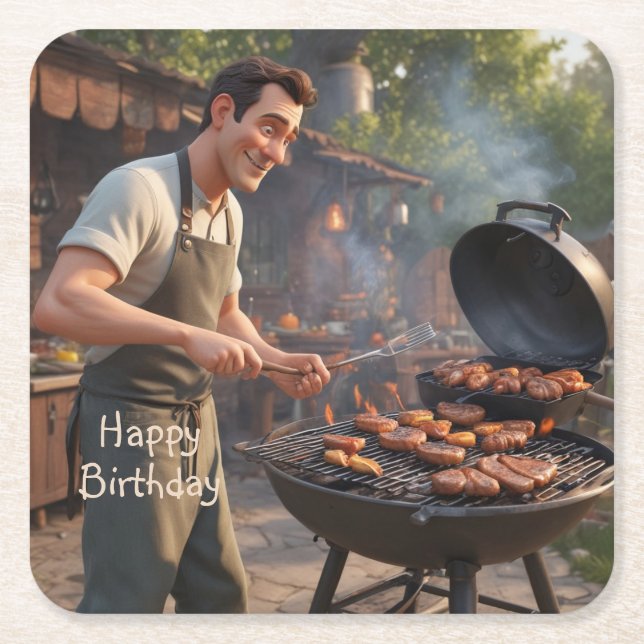 Barbecue Man Birthday Square Paper Coaster (Front)
