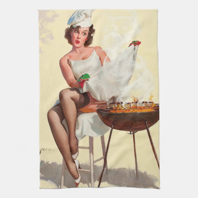 Barbecue Pin-Up Girl Tea Towel (Vertical)