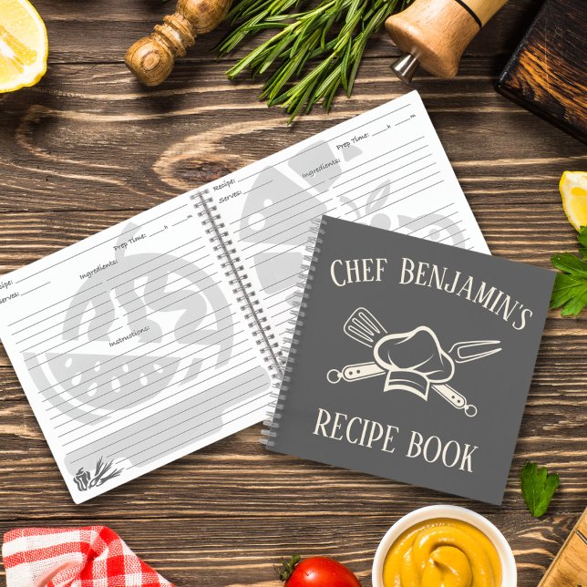 Barbecue Recipe Custom Name Chef Hat BBQ Notebook (Custom name chef bbq recipe book men's gift for him dad's barbecue recipe notebook personalized)