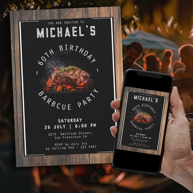 Barbecue Rustic 60th Birthday Party Invitation (60th Birthday Barbecue Party Modern Rustic Invitation)