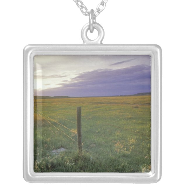 Barbed Wire Fenceline in northeastern Montana Silver Plated Necklace (Front)