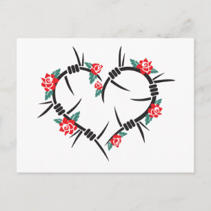 barbed wire heart & roses postcard