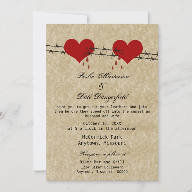 Barbed Wire Hearts Tattoo Biker Wedding Invite (Front)
