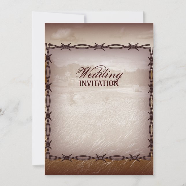 barbed wire western country wedding invitation (Front)