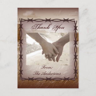 barbed wire western country wedding thank you postcard