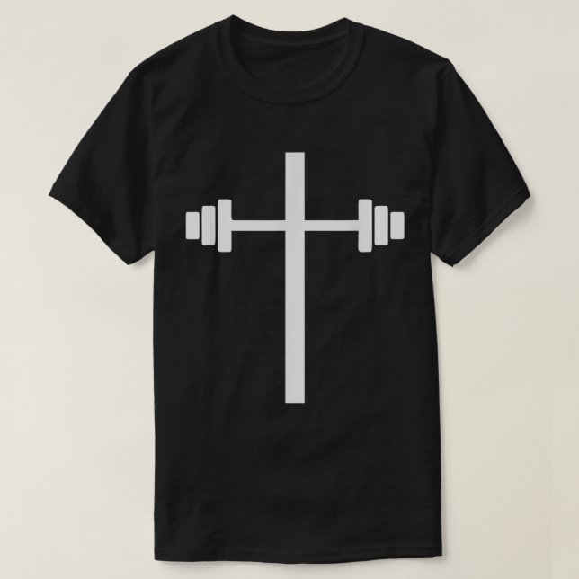 Barbell Dumbbell Cross Christian Jesus Gym Workout T-Shirt (Design Front)