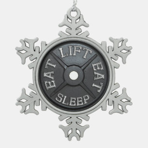 Barbell Plate - Lift, Eat, Sleep Snowflake Pewter Christmas Ornament
