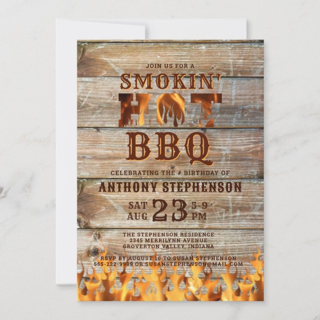 Barbeque Birthday Wood Smokin Hot BBQ Invitation (Front)