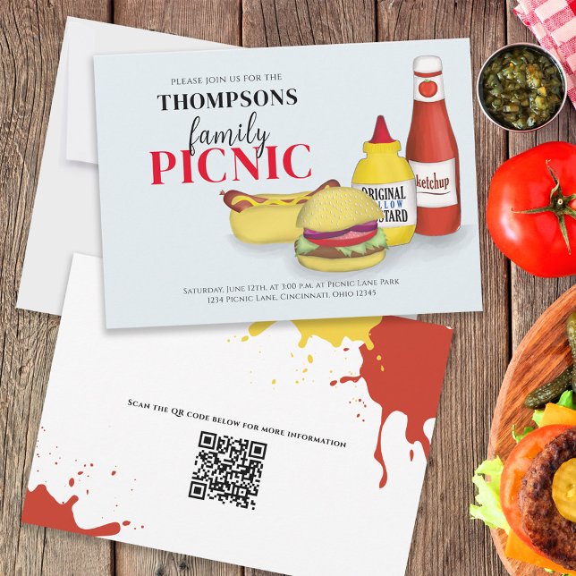Barbeque Casual Summer Picnic Family Reunion Invitation (BBQ invitation with Family picnic wording and hand-drawn hamburgers and hotdogs. )