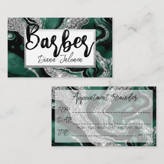 Barber Appointment Reminder Silver Green Marble Business Card (Front/Back)