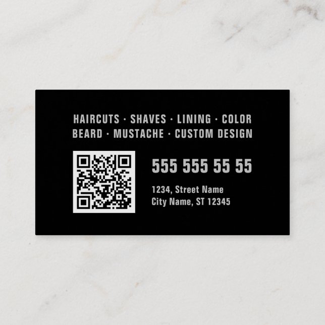Barber Black Grey Bold Typography QR Code Business Card (Back)