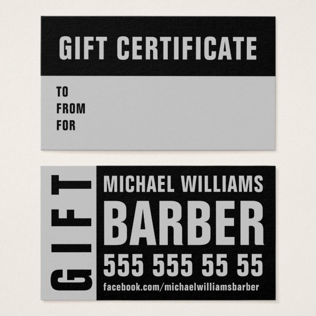 Barber Black Grey Typography Gift Sertificate Card (Front & Back)