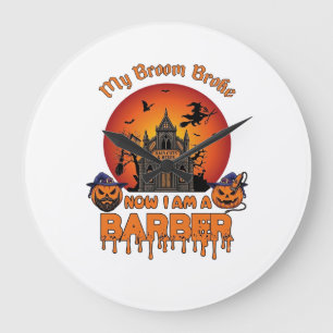 Barber Broom Broke Halloween Pumpkin Clipper Haunt Large Clock
