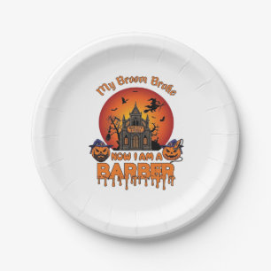 Barber Broom Broke Halloween Pumpkin Clipper Haunt Paper Plate