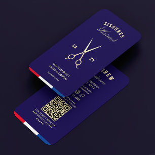 Barber Dark Blue Red White Faux Gold Scissors Business Card