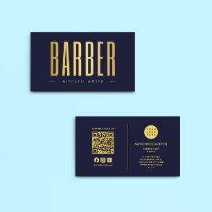 Barber Hair Salon QR Code & Logo Navy And Gold Business Card