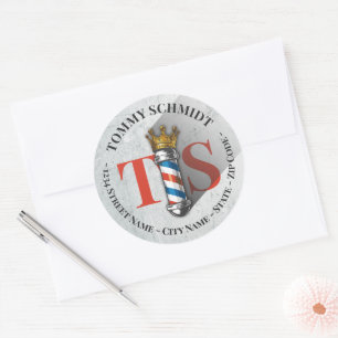 Barber Hair Shop Crown Barber Pole Salon Address Classic Round Sticker