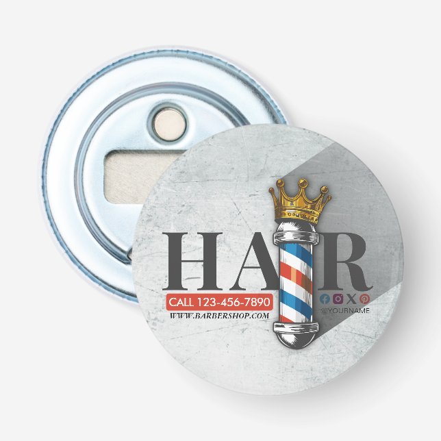 Barber Hair Shop King Crown Barber Pole Hair Salon Bottle Opener (Front)