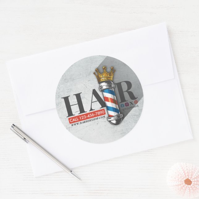 Barber Hair Shop King Crown Barber Pole Hair Salon Classic Round Sticker (Envelope)