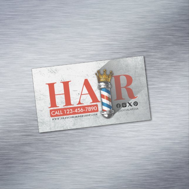 Barber Hair Shop King Crown Barber Pole Hair Salon Magnetic Business Card (In Situ)