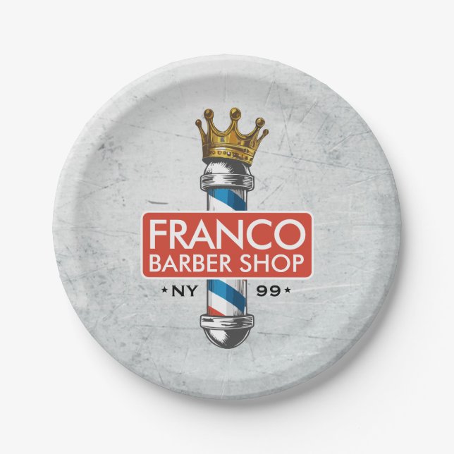 Barber Hair Shop King Crown Barber Pole Hair Salon Paper Plate (Front)