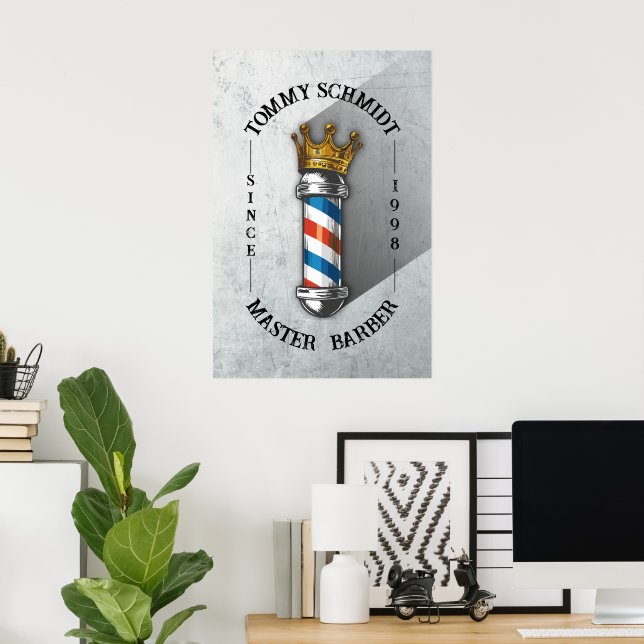 Barber Hair Shop King Crown Barber Pole Hair Salon Poster (Home Office)