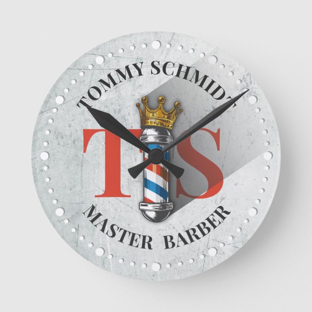 Barber Hair Shop King Crown Barber Pole Hair Salon Round Clock (Front)