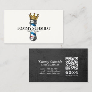 Barber Hair Shop Royal Crown Barber Pole QR Code Business Card