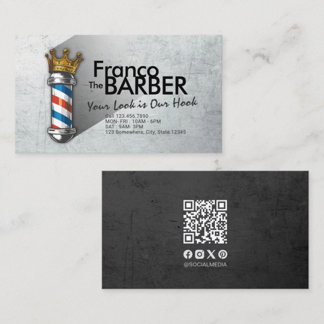 Barber Hair Shop Royal Crown Barber Pole QR Code Business Card (Front/Back)