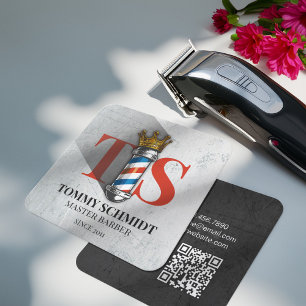 Barber Hair Shop Royal Crown Barber Pole QR Code Square Business Card