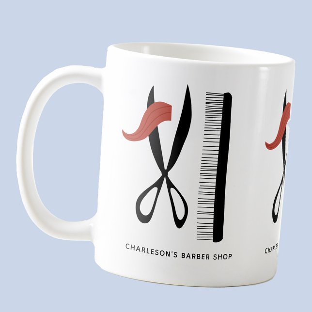 Barber Hairdresser Business Coffee Mug (Barber hairstylist hairdresser custom text promotional mug with scissors and comb)