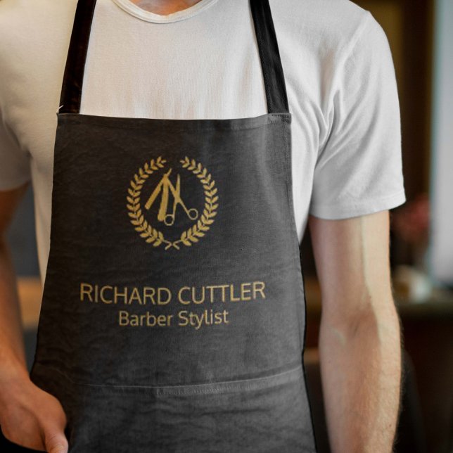 Barber name gold logo barber shop black leather apron (Creator Uploaded)
