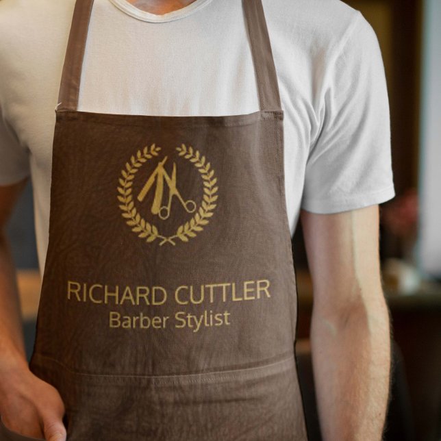 Barber name gold logo barber shop brown leather apron (Creator Uploaded)
